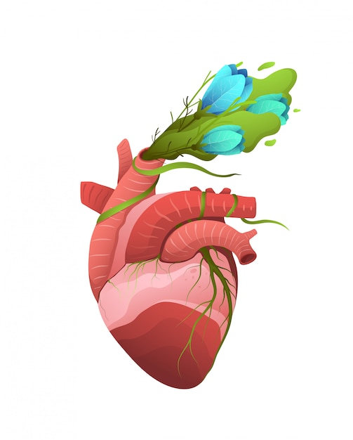 Pflanzen wachsen und Blumen blühen in der surrealen Illustration des menschlichen inneren Organs. Metapher für gesunde Organe. Logo für Medizin und Gesundheitswesen. Ergebnis eines gesunden Lebensstils