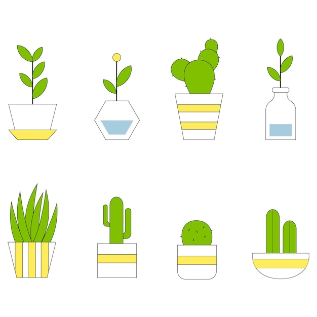 Pflanzenikonensammlung von pflanzen in töpfenzimmer- und landschaftsgartenpflanzen