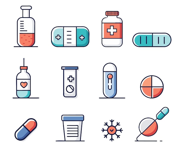 Pharmazeutische Dosierung aus bearbeitbarem Stroke farbenfroher Ikonensatz isolierter Flachvektor-Pro-Sammlung