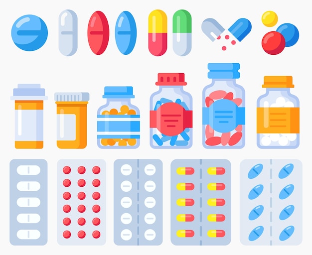 Pharmazeutische pillen, medizinflaschen und pillen in blisterpackungen. apothekenbehandlung, gesundheitspille, medikamentenvitamin und tablette, vektorillustration