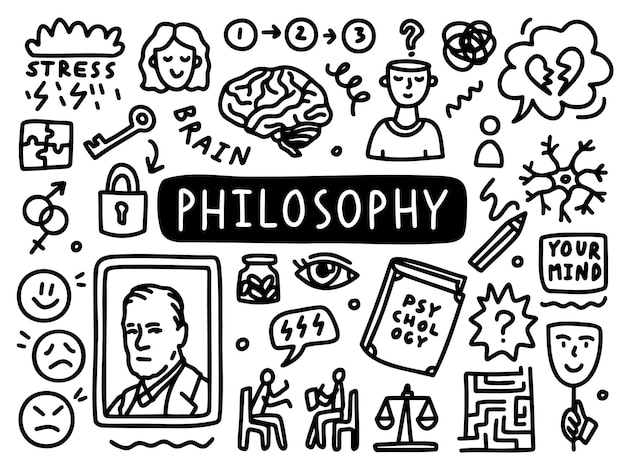 Philosophie doodle line set schule universität gliederung thema vector illustration