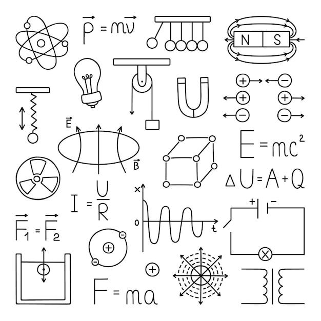 Physik-doodle-set bildungs- und studienkonzept formelpläne für schulausrüstung im skizzenstil