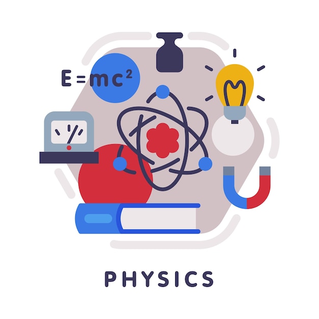 Vektor physik-schulfach-symbol bildung und naturwissenschaftliche disziplin mit verwandten elementen flachstil-vektor