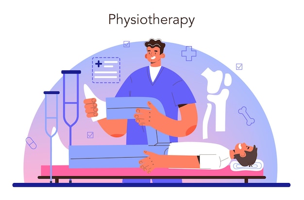 Vektor physiotherapie-konzept stellte den arzt ein, der patienten während der physiotherapie hilft