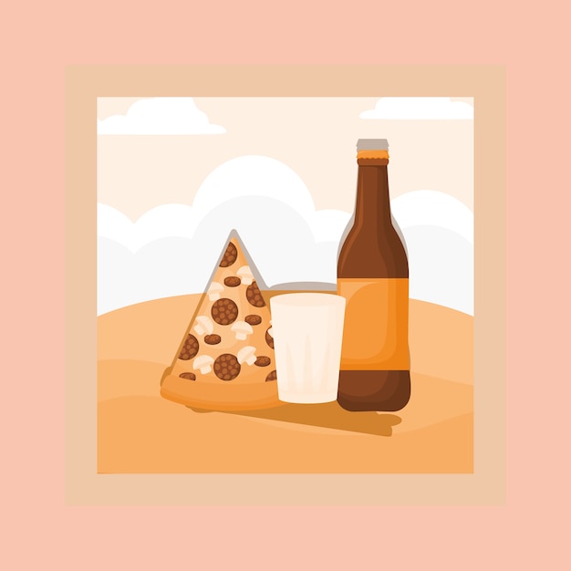 Picknick-food-design mit bierflasche und pizza