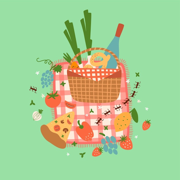 Picknick-korb sommer-picknick sammeln grafisches element picknick-korb auf roter decke outdoor-aktivität picknick-hintergrund essen tomaten pizza baguette flasche wein erdbeere vektor-illustration