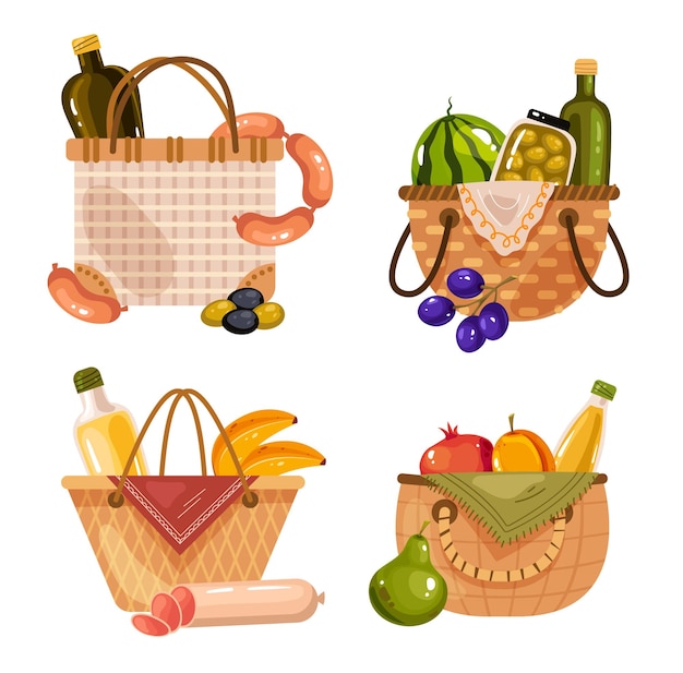 Picknick-Korb voller Lebensmittel-Set-Sammlung flache Cartoon-Design-Element-Illustration