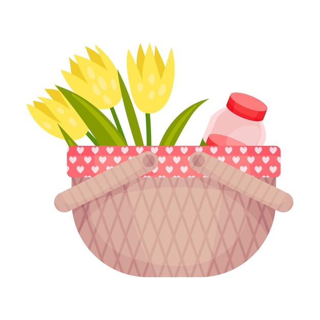 Vektor picknickkorb mit einem bouquet gelber tulpen und einer dose roter saft vektorillustration auf weißem hintergrund