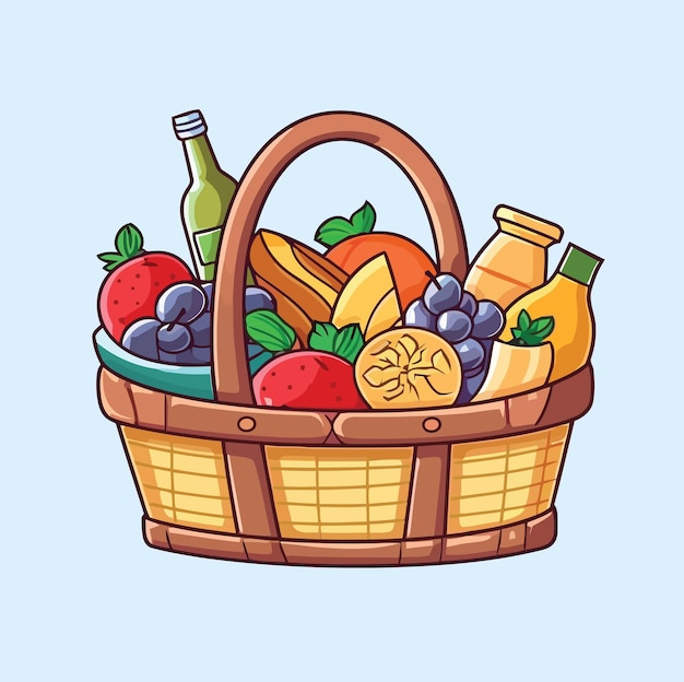 Picknickkorb mit mahlzeitgetränk und verschiedenen früchten, handgezeichnete vektorillustration