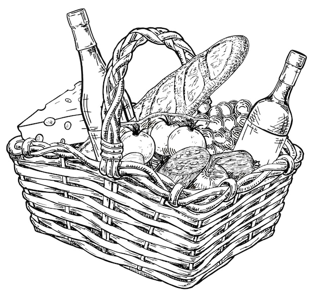 Picknickkorb mit snacks. handgezeichnete skizze. handgezeichnete illustrationen von picknick. käse, wein, obst und französischer laib in einem weidenkorb.