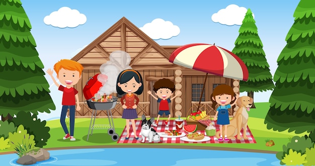 Picknickszene mit glücklicher familie im garten
