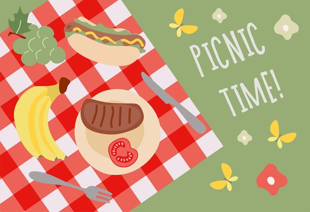 Vektor picnic flat lay vector cartoon-illustration einer bbq-party poster mit gegrilltem fleisch fruit checkered plaid barbecue banner mit text party-zeit vorlage für anzeigen einladungskarte design kunst grafik