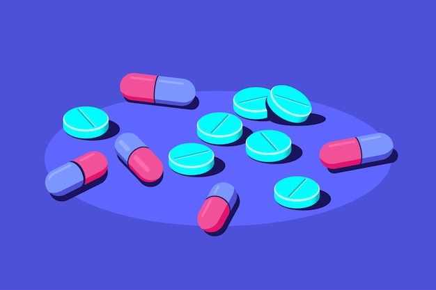 Vektor pillen und tabletten von arzneimitteln auf blauem hintergrund. medikamenten-, pharmakonzept. flache artillustration.