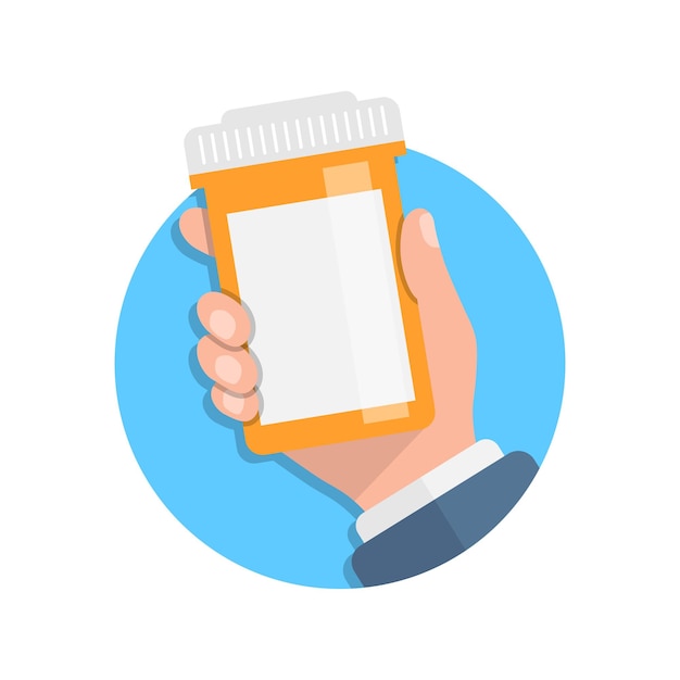 Pillenflasche in der hand illustration im flachen stil medizinische kapseln vektorillustration auf weißem isoliertem hintergrund apothekenschild geschäftskonzept