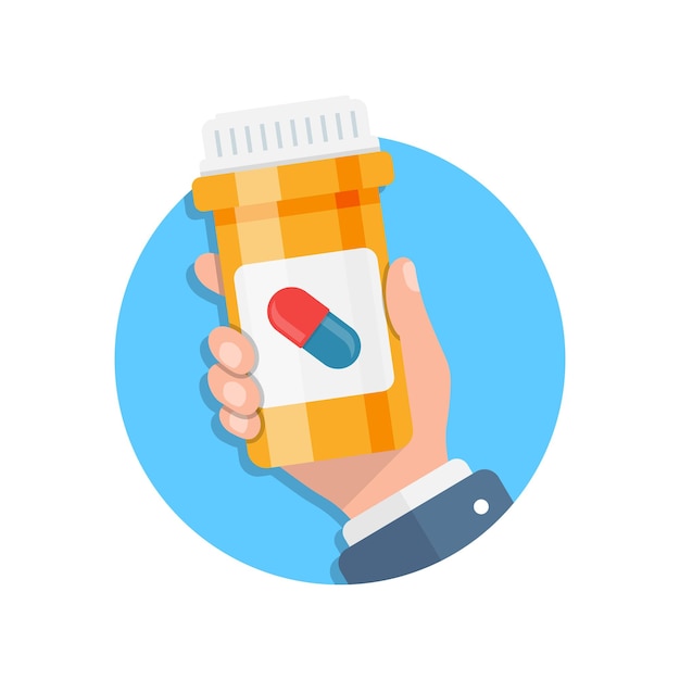 Vektor pillenflasche in der hand illustration im flachen stil vektorillustration der medizinischen kapseln auf weißem, isoliertem hintergrund geschäftskonzept für apothekenzeichen