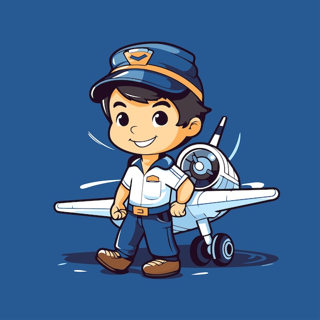 Pilot mit flugzeug auf blauem hintergrund vektorillustration cartoon-stil