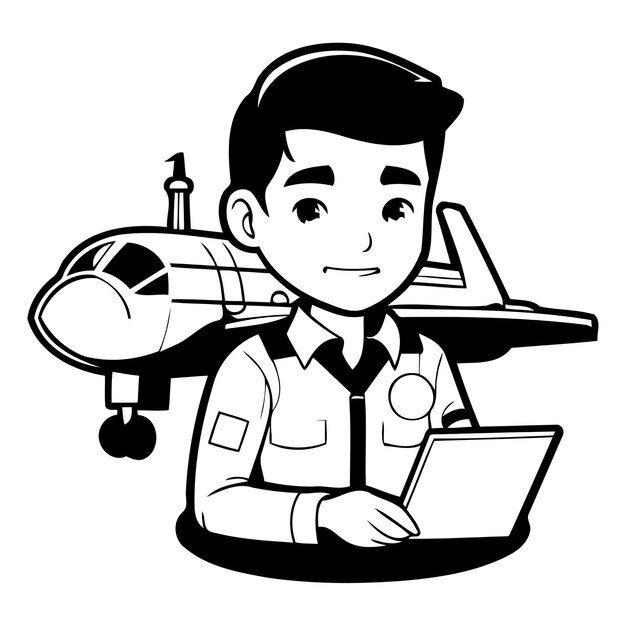 Vektor pilot mit laptop und flugzeug cartoon-symbol vektor-illustration grafikdesign