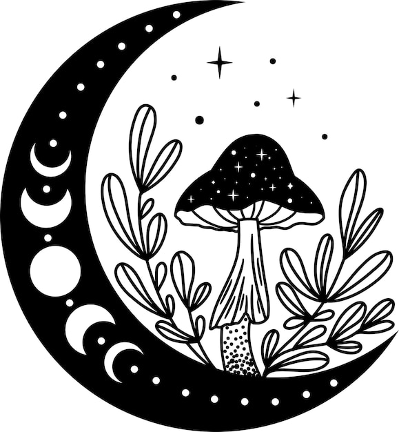 Pilz pilzsilhouette mystischer pilz mit mond und sternen