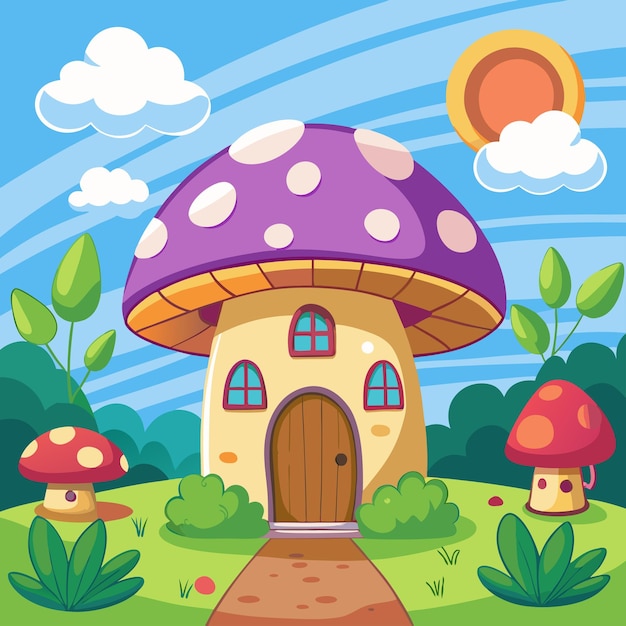 Pilzhaus im Wald, flache Vektorillustration