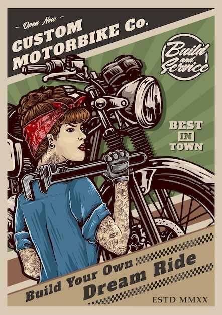 Pin up mädchen auf klassischem custom motorrad retro poster style