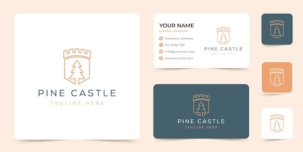 Pine castle logo design vector mit visitenkartenvorlage