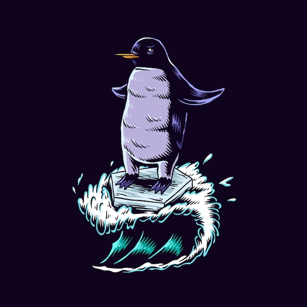 Pinguin, der auf eine wellenillustration surft