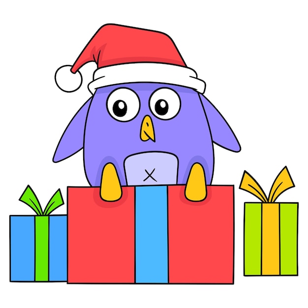 Pinguin genießt das glück mit vielen weihnachtsgeschenken vektor illustration kunst doodle symbolbild kawaii
