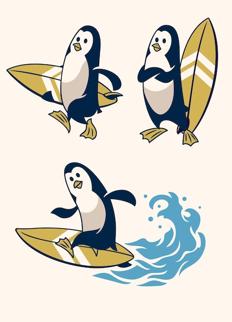 Pinguin-vogel-surfer-cartoon-set