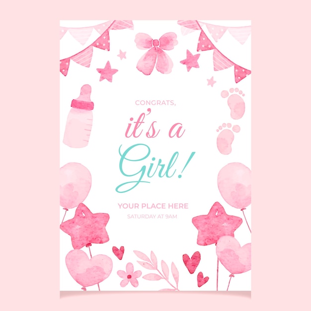 Vektor pink baby girl party flyer im aquarell-stil