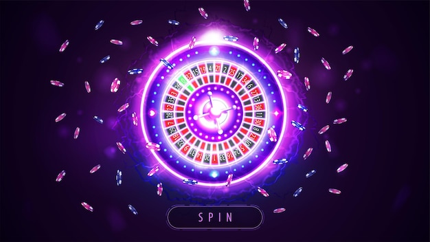 Pink glänzendes Neon-Casino-Roulette-Rad und Pokerchips im Hologramm-Stil-Banner mit Knopf für Ihre Künste