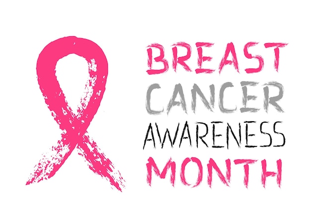Pink Ribbon Symbol des Brustkrebs-Bewusstseinsmonats und Buchstaben Pinselstriche Design Objekt und Text isoliert auf weißem Hintergrund Grunge bemalte Wörter Vektorillustration 5 zu 7 Kartenverhältnis