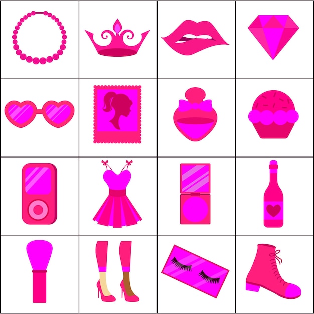 Pink trendy mode-accessoires und kleidung vektor-illustration frauenzubehör ikonen-set