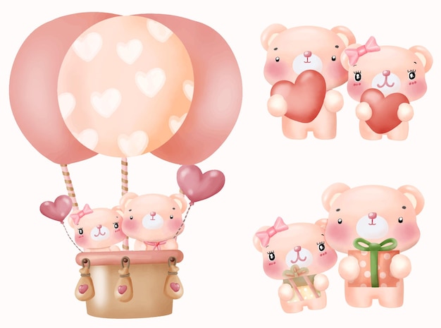 Pink Valentine Bears Paar Aquarell Vektor mit Herz Ballon Luftfeuer und Geschenkbox