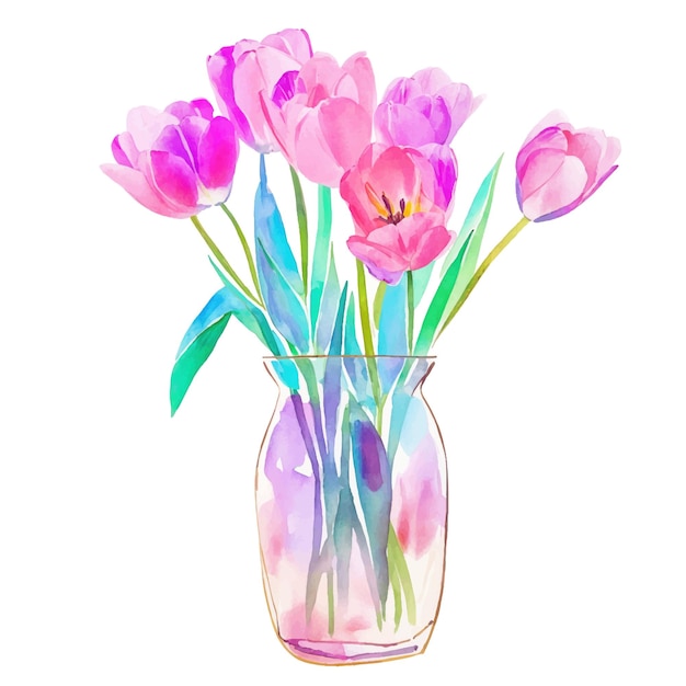 Vektor pink-violette tulpen in einer glasvase, aquarell-illustration