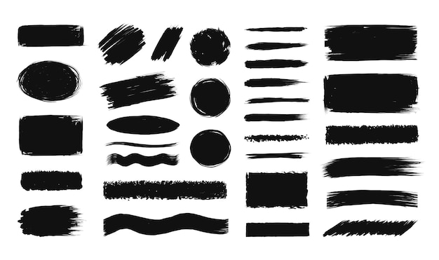 Pinselstrichbanner Schwarze Spritzform Tintextur Isolierte Pinselflecken Abstrakte unordentliche Flecken und Linien Grobe Farbflecken Pinselstrichunterstriche und Streifen Vektorgrunge Hintergrundset