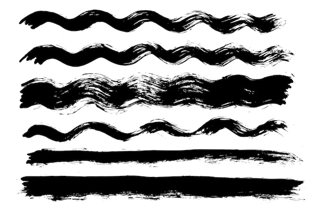 Pinselstriche bündeln Vektorpinsel-Set Lange Wellenlinien und gerade Formen Grunge-Designelemente Schmutzige Distress-Textur Tintenspritzer Grunge gemalte Wellen