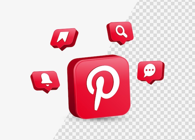 Pinterest-Symbol 3D-Logo im Quadrat für Social-Media-Logos mit Benachrichtigungssymbolen in Sprechblase