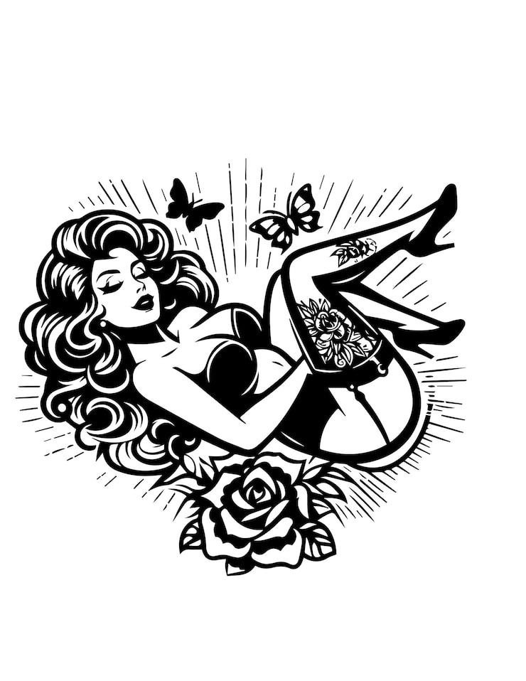 Vektor pinup-frau blumig mit schmetterlingen tattoo-design-vektor