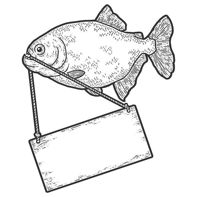 Vektor piranha-fische mit holzschild skizzenkratzbrettimitation