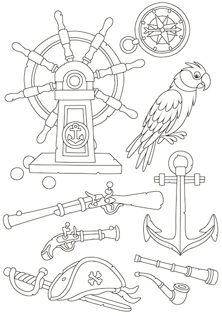Vektor piraten-holzlenkrad, ein lustiger papagei, waffen, ein kompass und andere alte waffen und meeresdinge