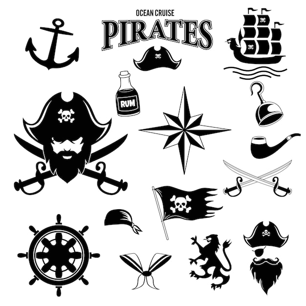 Piraten-Symbole setzen Säbelschädel mit Bandana und Knochen Hookhat altes Schiffsankerfass rum