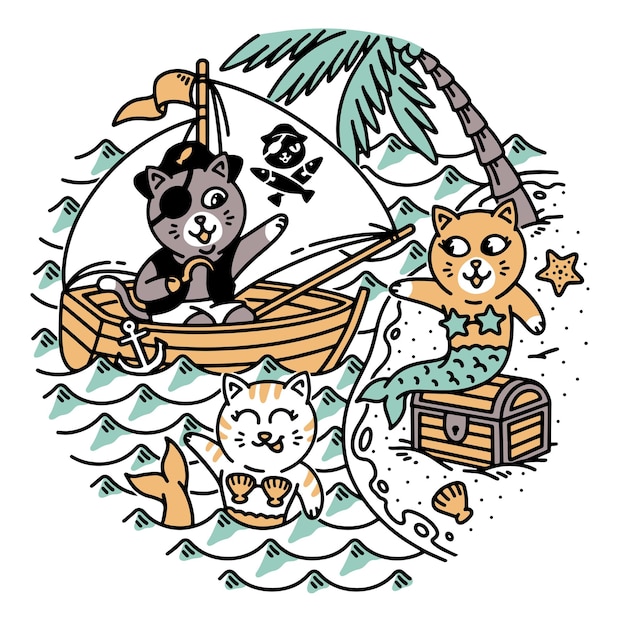 Piratenkatze und meerjungfrau katzenillustration