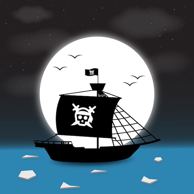 Piratenschiff am Meer im dunklen Nachtvektor