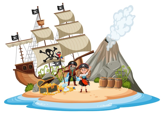 Piratenschiff auf der insel mit vielen kindern isoliert auf weißem hintergrund