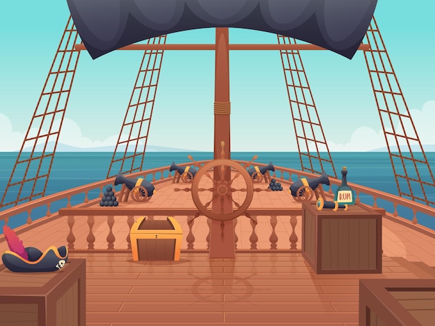 Piratenschiff aus Holz. Kapitänsbrücke mit Lenkrad-Vintage-Versandbrett-Vektor-Cartoon-Illustration. Segelboot aus Holz, Navigationstransport, Holzdecksschiff