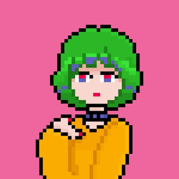 Pixel Anime Mädchen mit hellgrünem Haar gelber Hoodie