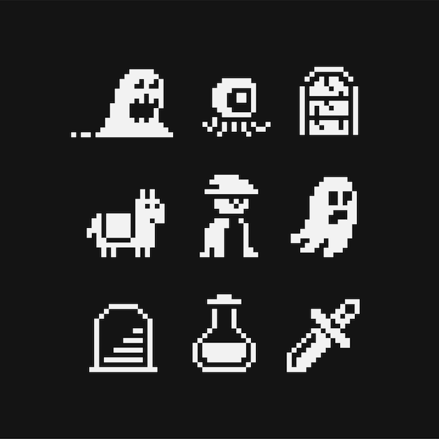 Vektor pixel-art 1-bit-icon-set schwarz-weiß-emoji-monster und geist-held mit waffe logo-aufkleber