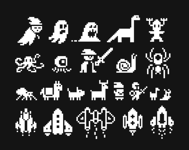 Vektor pixel-art 1-bit-icon-set schwarz-weiß-emojis monster helden und raumschiffe spieldesign isoliert