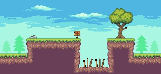 Pixel-Art-Arcade-Spielszene mit Baumbrettfalle und Wolken 8-Bit-Hintergrund