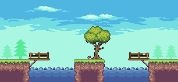 Pixel-Art-Arcade-Spielszene mit Baumseebrückenzaun und Wolken 8-Bit-Vektorhintergrund